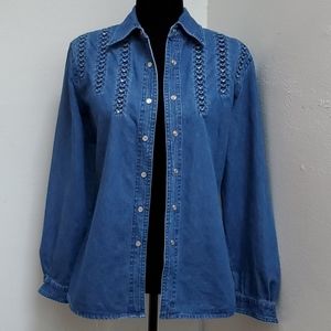 🏠  Denim Blue Shirt/Jacket Tiny Bling Crystal Accents Snap Front Opening Size S